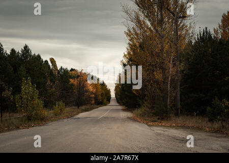 Strade vuote di esclusione di Chernobyl la zona nei pressi della città fantasma di pripjat e il reattore nucleare di Chernobyl durante l'autunno (Kiew, Ucraina, Europa) Foto Stock