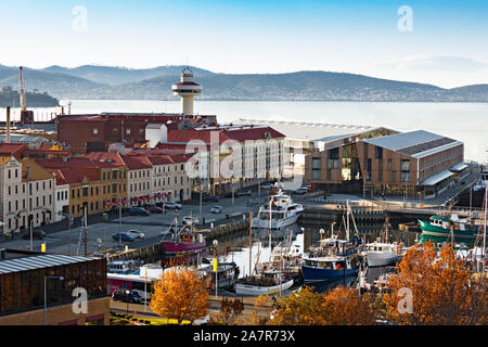 Hobart Australia / Commerciale barche da pesca al di ancoraggio a Hobart in Tasmania.Victoria Dock è casa per molti Hobarts commerciale di pesca le navi. Foto Stock