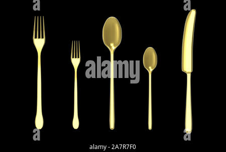 Il rendering 3d. golden forche cucchiaio e coltello argenteria con percorso di clipping isolati su sfondo nero. Foto Stock