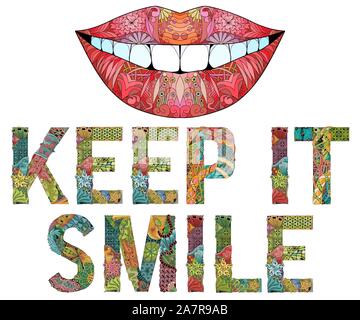 Parole tenerlo sorriso me con silhouette di labbra. Vettore zentangle decorativo oggetto Illustrazione Vettoriale