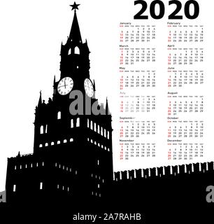 Calendario elegante con Mosca, Russia, il Cremlino Spasskaya torre con orologio per il 2020. Illustrazione Vettoriale
