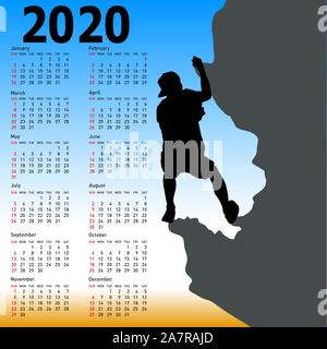 Calendario elegante con silhouette rocciatore su contro il cielo blu per il 2020. Illustrazione Vettoriale