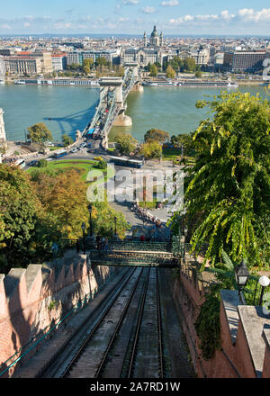 Funicolare Castle Hill di Budapest e ferroviarie Széchenyi Chain Bridge Foto Stock