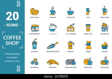 Coffe Shop icon set. Includere elementi creativi i chicchi di caffè, cappuccino, macchina del caffè, caffè per andare, caffè ghiacciato icone. Può essere utilizzato per il report Illustrazione Vettoriale