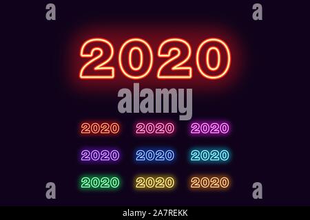 Numero di Neon 2020, Nuovo Anno cifre in diversi colori monocromi. Set di incandescente data 2020 in neon stile con retroilluminazione trasparente. Icona, segno e Sy Illustrazione Vettoriale