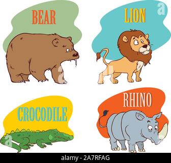 Carino e adorabile felice coccodrillo animale, orso, ippopotami e ,lion personaggio dei fumetti illustrazione stock... Illustrazione Vettoriale