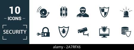 Icona di sicurezza impostato. Includere elementi creativi videocamera di sicurezza, deffense, bloccare, protezione, protezione dei dati delle icone. Può essere utilizzato per la relazione, presentazione Illustrazione Vettoriale