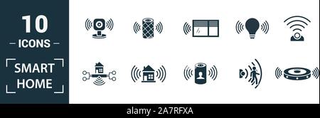 Smart Home icon set. Includere elementi creativi digital assistant, robot aspirapolvere, smart video controllo, smart light, home icone del mozzo. Possono essere utilizzati Illustrazione Vettoriale