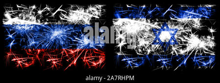 Russia, Federazione vs Israele, Israeliano Nuovo Anno celebration Sparkling fuochi d'artificio concetto flag di sfondo. Combinazione di due stati di bandiere. Foto Stock