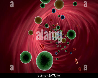 Insulina e leucociti all'interno del vaso sanguigno, cellule bianche del sangue, cellule bianche del sangue all'interno del vaso sanguigno, alta qualità 3D render di cellule del sangue Foto Stock