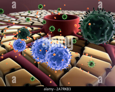 Attacco di virus del fegato, cellule del fegato, malattie del fegato, struttura del fegato Foto Stock