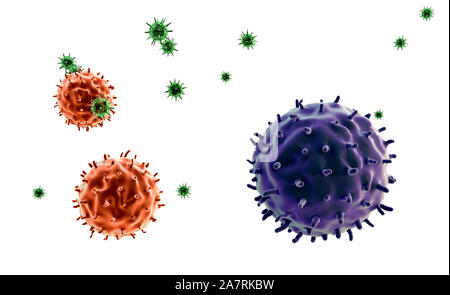 Linfociti e virus, la cellula di cancro, rendering 3d di cellule del cancro, la cellula di cancro ed i linfociti,T-linfociti attacco una migrazione di cellule di cancro Foto Stock