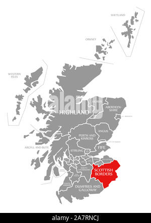 Scottish Borders evidenziata in rosso nella mappa della Scozia UK Foto Stock