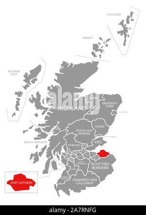 East Lothian evidenziata in rosso nella mappa della Scozia UK Foto Stock