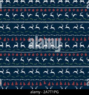 Divertimento e buon Natale seamless pattern con jumping cervi e decorazione di Natale, disegnati a mano e creativo, grande per il confezionamento, tessili, banner, Illustrazione Vettoriale