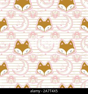 Carino inverno fox seamless pattern, wolf disegnati a mano forest autunno sfondo con luna, arte popolare illustrazione vettoriale Illustrazione Vettoriale