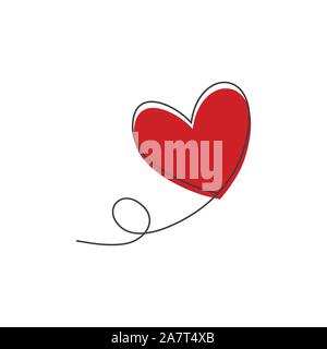 A forma di cuore ad palloncino in continuo le linee di disegno e di glitch cuore rosso in un appartamento di stile in continuo le linee di disegno. Linea nera continua. Il lavoro di Illustrazione Vettoriale