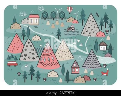 Carino disegnato a mano vettore scandinavo sfondo con case, gli animali, gli alberi e le montagne. Delineare la natura paesaggio. Perfetto per bambini tappetini su strada Illustrazione Vettoriale