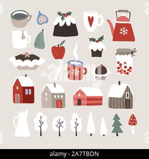 Set di carino inverno, Natale cibo, drink e le icone del paesaggio. Tazza di caffè, frutta, pudding natalizio, dessert, tortine, case nad alberi innevati Illustrazione Vettoriale