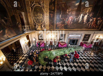 Un alberi di Natale è installato come, quattordici alberi di Natale, fino a 24 piedi di altezza, arrivano a Chatsworth House, vicino a Bakewell, Derbyshire, per impostazione intorno alla maestosa casa prima della stagione di Natale apertura al pubblico sabato. Foto Stock