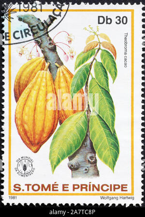 Il cacao Cialde sul francobollo di Santo Tomé Foto Stock