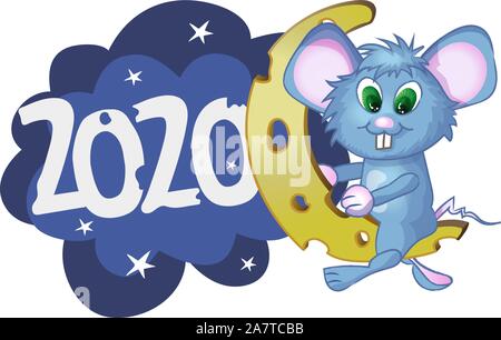 Carino mouse cartoon seduto su un pezzo di formaggio. Illustrazione vettoriale con gradienti semplici. Illustrazione Vettoriale