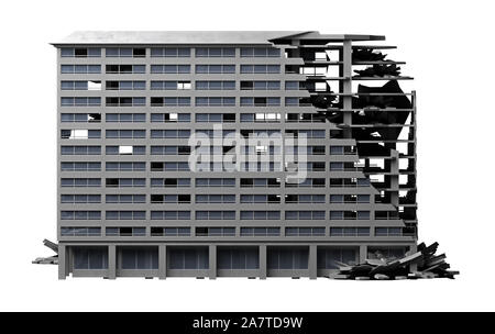 Distrutto edificio pubblico isolato su bianco. Il rendering 3D Foto Stock