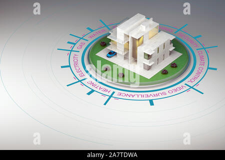 Moderne smart house con infographics. Il rendering 3D Foto Stock