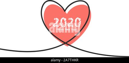 Felice Anno Nuovo 2020 con cuore di glitch in continuo le linee di disegno in un appartamento di stile in continuo le linee di disegno. Il lavoro di design piatto. Simbolo dell amore Illustrazione Vettoriale
