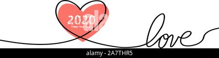 Felice Anno Nuovo 2020 con cuore di glitch in continuo le linee di disegno in un appartamento di stile in continuo le linee di disegno. Il lavoro di design piatto. Simbolo dell amore Illustrazione Vettoriale