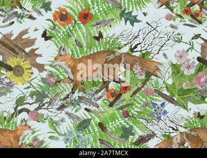 Seamless disegno ad acquerello con fox , fiori, foglie e piume. Foto Stock