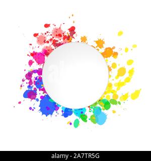 Luminose colorate gli spruzzi di vernice di acquerelli di gocce in arcobaleno di colori con testo rotondo posto isolato su bianco Illustrazione Vettoriale