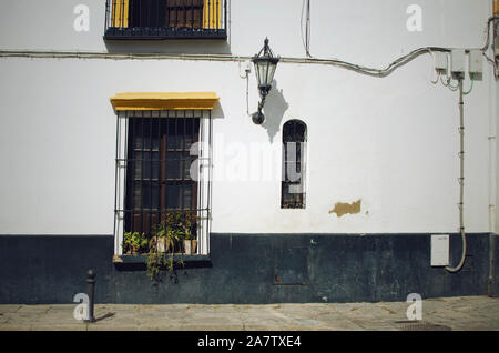 Dettaglio di un tipico edificio di Siviglia, Spagna. Facciata bianca, recinzioni, finestre con vasi di piante, lampada post e cavi elettrici. Foto Stock