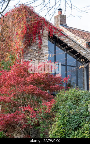 Casa vicino Packhorse Bridge in BRUTON, SOMERSET REGNO UNITO, fotografato in autunno con le foglie in Virginia superriduttore cambiando colore. Foto Stock