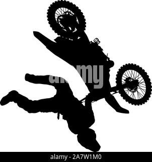 Silhouette di un motociclista di eseguire trick su sfondo bianco. Illustrazione Vettoriale
