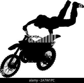 Silhouette di un motociclista di eseguire trick su sfondo bianco. Illustrazione Vettoriale