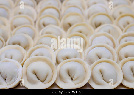 Molti pelmenies giacente insieme, fatto di carne e di pasta Foto Stock