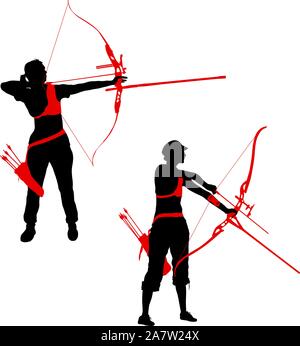 Impostare silhouette femmina attraente archer la curvatura di un arco e mirando nel bersaglio. Illustrazione Vettoriale