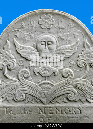 Design decorativo su una vecchia memorial tomba di pietra, Bennington, Vermont, USA. Foto Stock