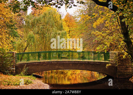 I colori autunnali a circondare una passerella in Thompson Park, Burnley, Lancashire Foto Stock