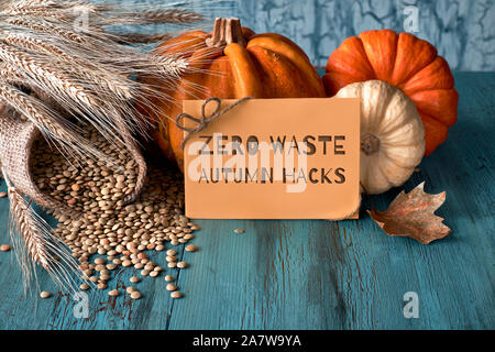 Autumn harvest ancora in vita con zucche, spighe di grano e lenticchie in sacco in blu sfumato in legno rustico sfondo. Scheda di carta con il testo "Rifiuti Zero Collezione Autunno Foto Stock