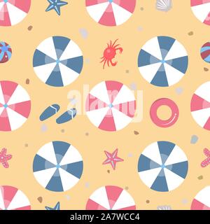 Spiaggia Seamless Pattern con ombrelloni, granchio, anello di gomma, ecc. Illustrazione Vettoriale Illustrazione Vettoriale