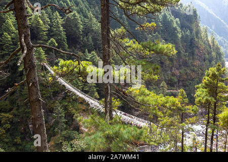 Sospensione ponte sul Campo Base Everest Trek, l'Himalaya, il Parco Nazionale di Sagarmatha, Nepal. Foto Stock