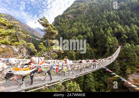 Sospensione ponte sul Campo Base Everest Trek, l'Himalaya, il Parco Nazionale di Sagarmatha, Nepal. Foto Stock