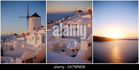 Bellissima isola di Santorini in Grecia, collage con tre close-up di appartamenti tradizionali e mulini a vento nel villaggio di Oia al tramonto. Foto Stock