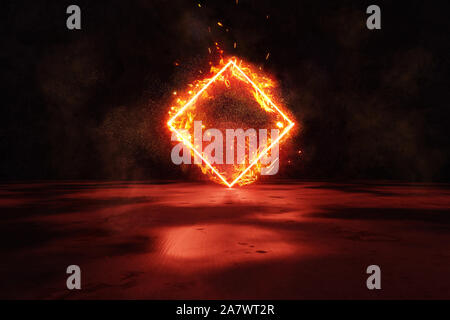 3D rendering di rosso alleggerire ruotata di forma quadrata in fuoco contro la parete grunge background Foto Stock