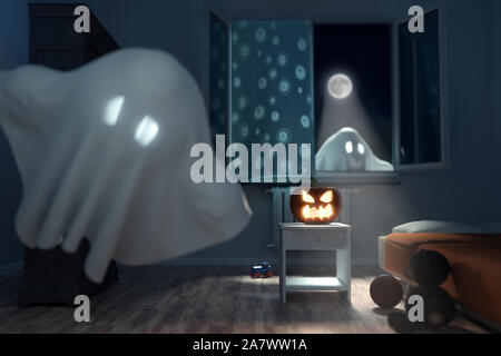 Il rendering 3d della camera dei bambini a notte con fantasmi volanti e alleggerire il martinetto o' lanterna. Concetto Halloween Foto Stock