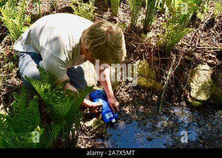 Giovane uomo utilizzando Sawyer Squeeze acqua sistema di filtrazione per purificare l acqua potabile sicura, rendere potabile, da stagno, Browntown Wisconsin, USA. Foto Stock