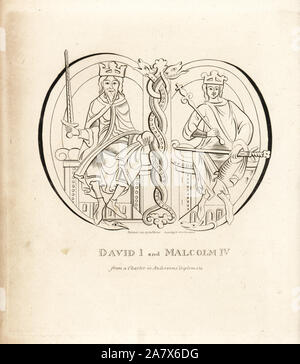 Il re Davide I (1084-1153) e King Malcolm IV di Scozia (1141-1165), da una carta in Anderson's diplomata. Incisione su rame da John Pinkerton's Iconographia Scotica, o ritratti di personaggi illustri della Scozia, Londra, 1797. Foto Stock