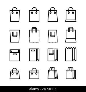 Set di minima Shopping bag le icone della linea di colore nero e uno stile piatto isolato su sfondo bianco. Illustrazione Vettoriale